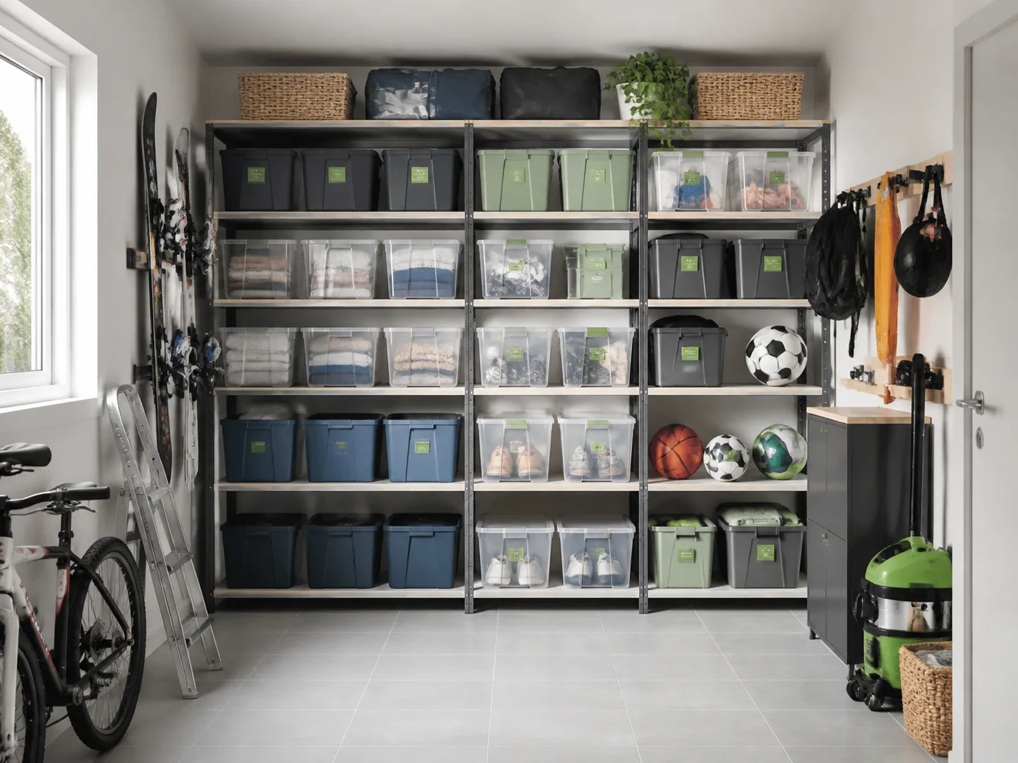 Trastero limpio con estanterías, cajas y material deportivo ordenados